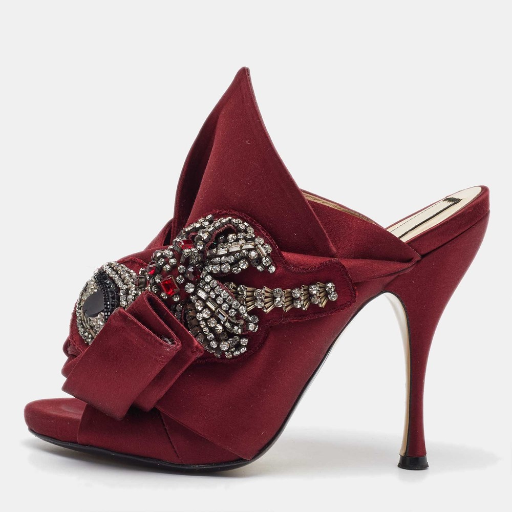 Burgundy Satin Crystal Embellished Knot Mules Size 38 N21