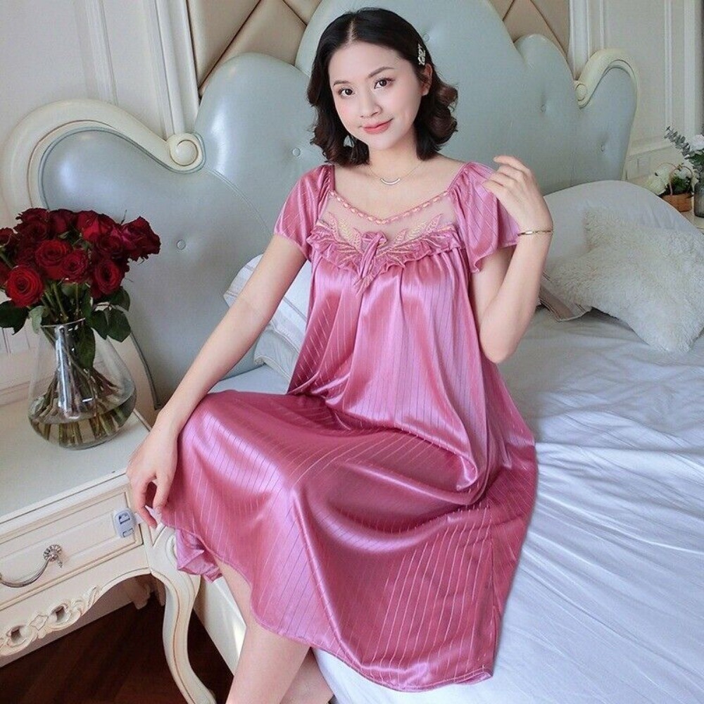 Women Silk Satin Sexy Sleepwear Short Sleeve Nightgown Robes Night Dress Nightie