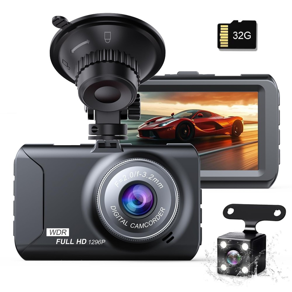 Front Rear Dash Cam 1296P Full HD Dual Car Camera Recording System