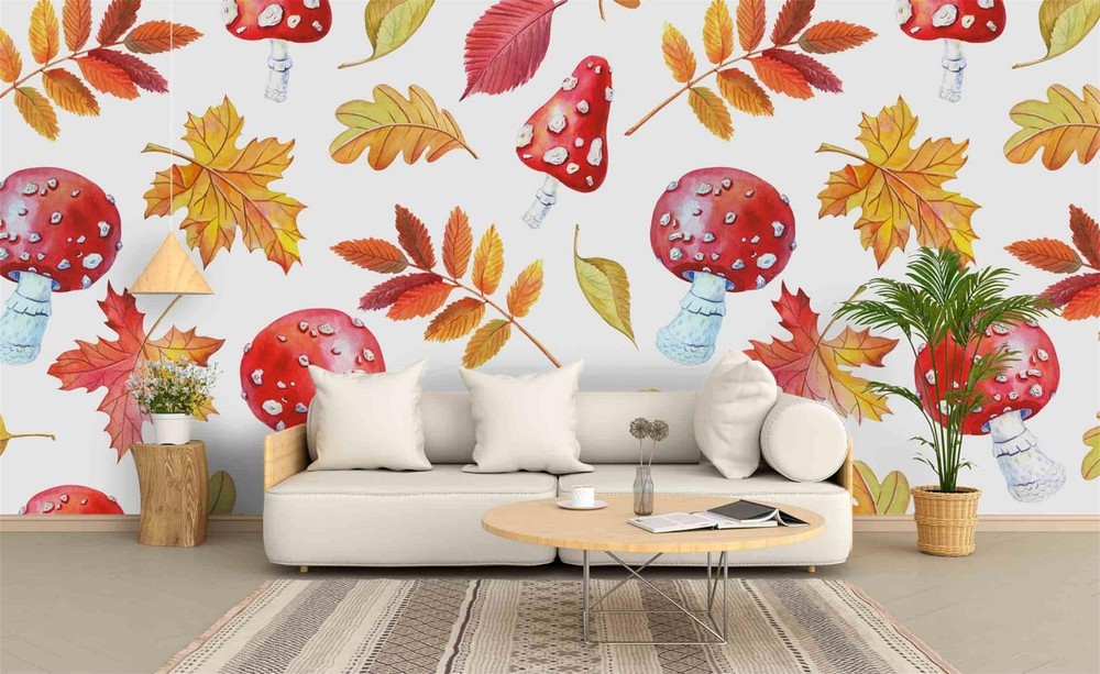 3D Autumn Mushroom Leaf Pattern Wall Murals Wallpaper Murals Wall Sticker