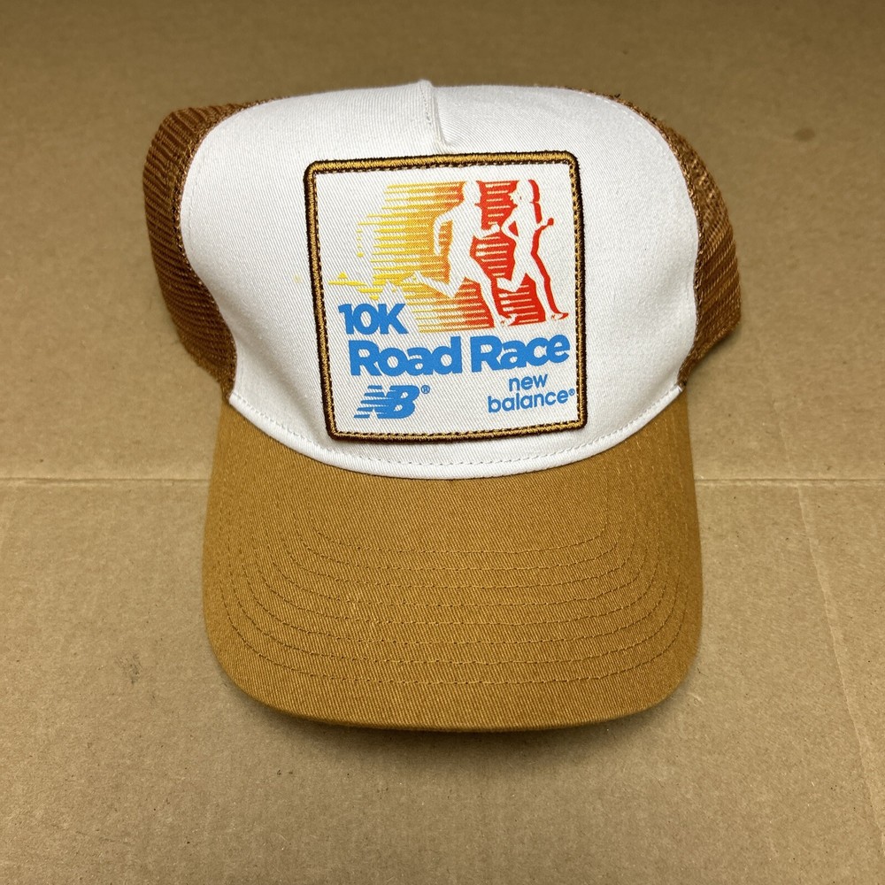 New Balance 10k Road Race Snapback Hat Vintage Rare Trucker Cap Tan & White