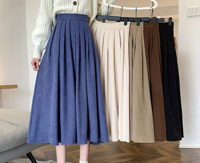 High Waist Pleated Skirt Women Long Skirt Ladies Autumn Casual A Line Skirts