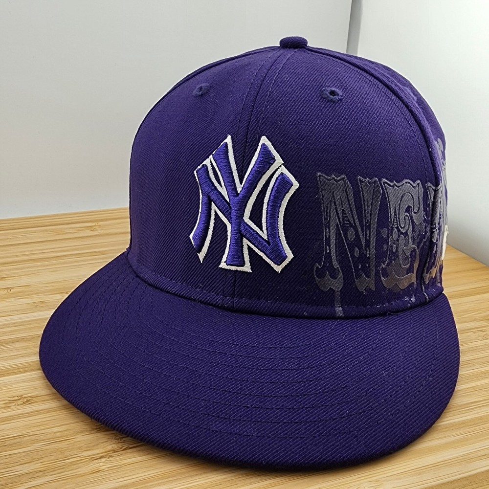 VTG New York Yankees, Purple Cap w/Side Print, 100% Wool, New Era 5950, Sz 7 1/4