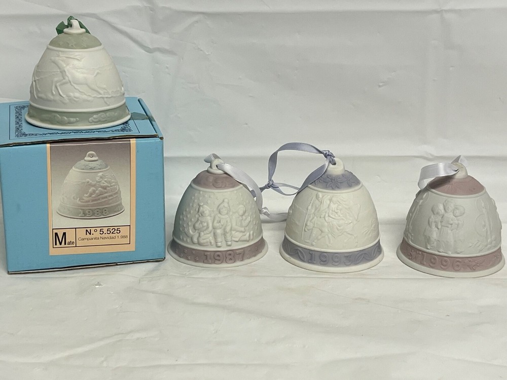 Set of 4 LLADRO Vintage Christmas Bell Ornaments 1987 1988 1993 1996 Spain