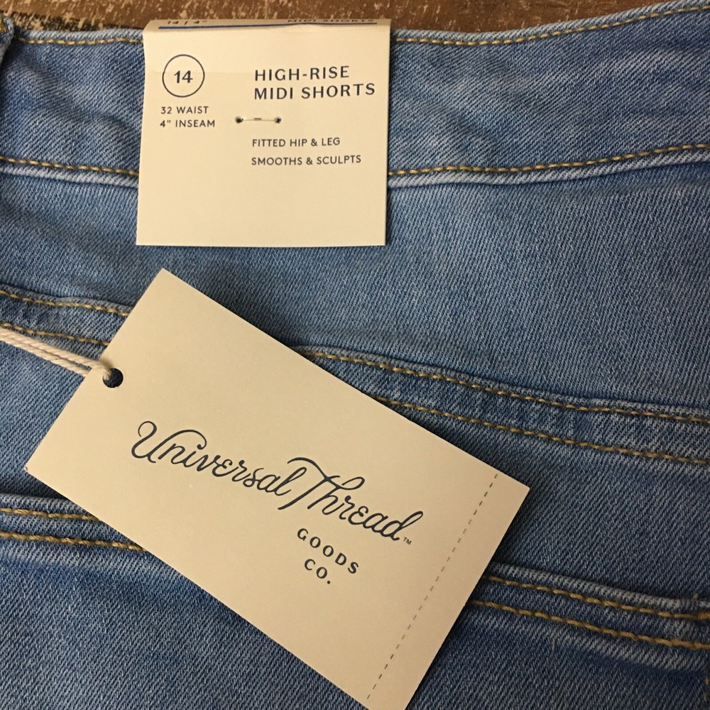NWT Universal Thread High Rise MIDI Shorts Women 14 Denim Stretch Inseam 4”