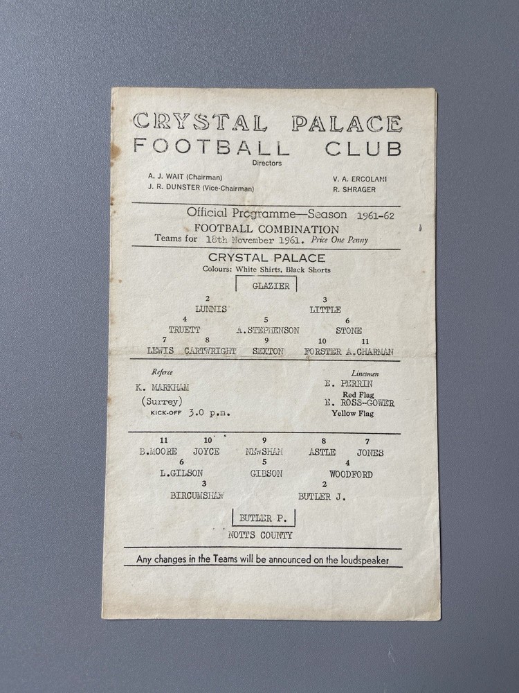 1961 Crystal Palace Reserves vs Notts County Reserves - Combination League Match