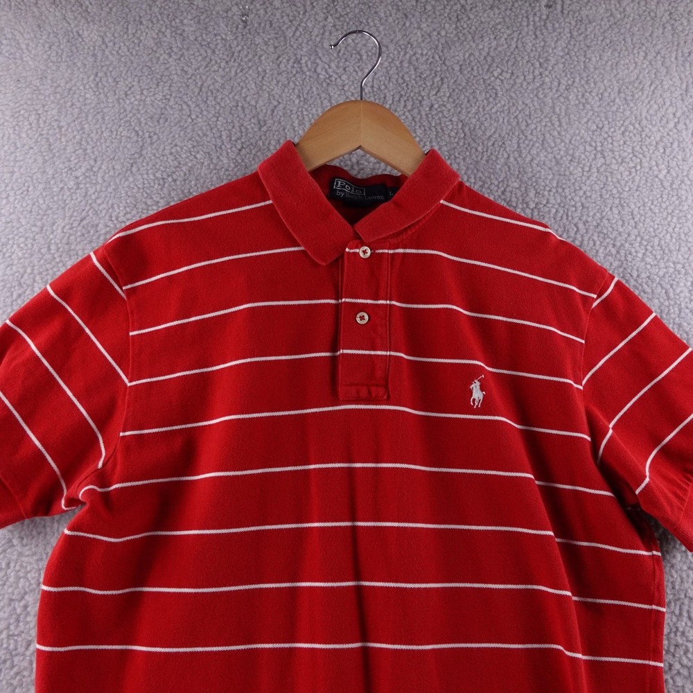 Polo Ralph Lauren Men's L Red White Striped Short Sleeve Polo Shirt Pony Preppy