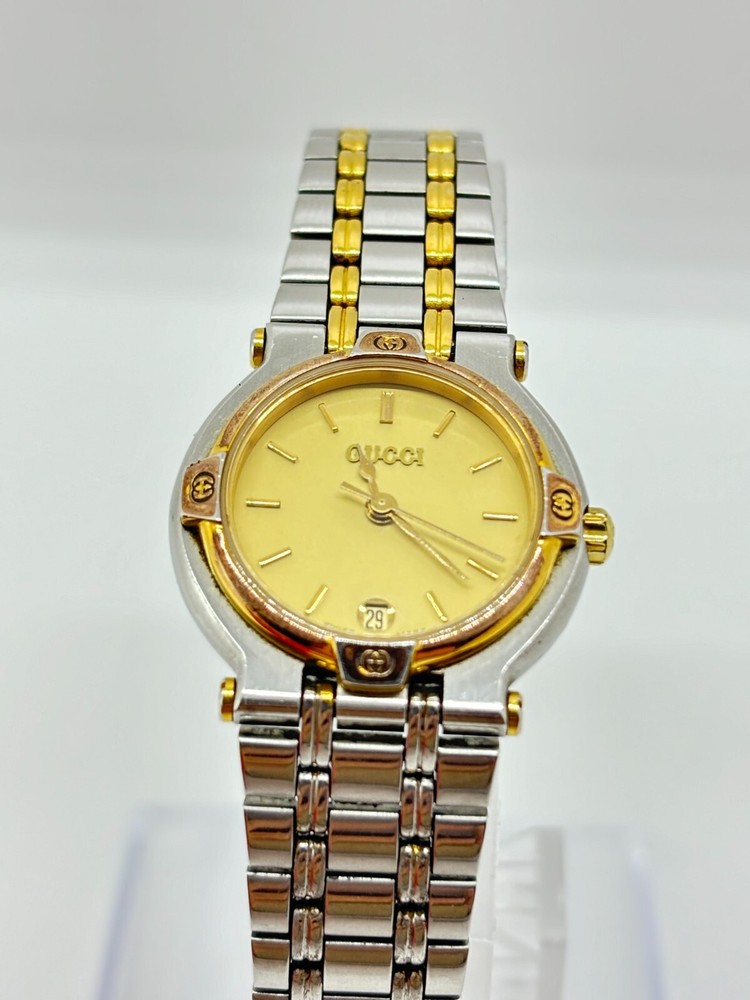 Gucci 9000L Two Tone Steel Gold Dial Quartz Womens Watch Near Mint