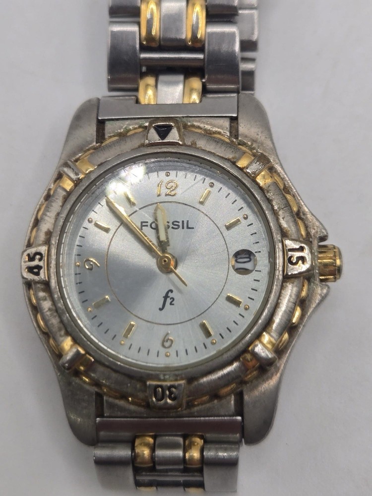 Fossil F2 AM3014 Women's Two-Tone Date Quartz Watch Untested Adjustable Strap