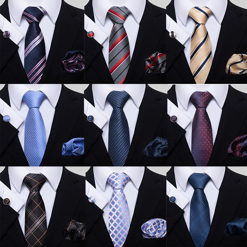 Classic Slim Business Satin Men's Necktie Hanky Cufflinks Set Plaid with Box