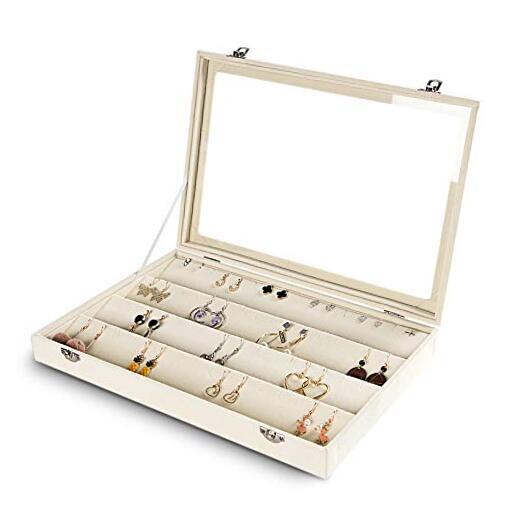 Earring Organizer Tray with Clear Lid 64 Slots Velvet Drawer Earrings Beige