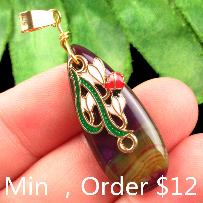 B63543 Purple Brown Onyx Agate Teardrop Enamel Flower Pendant Bead