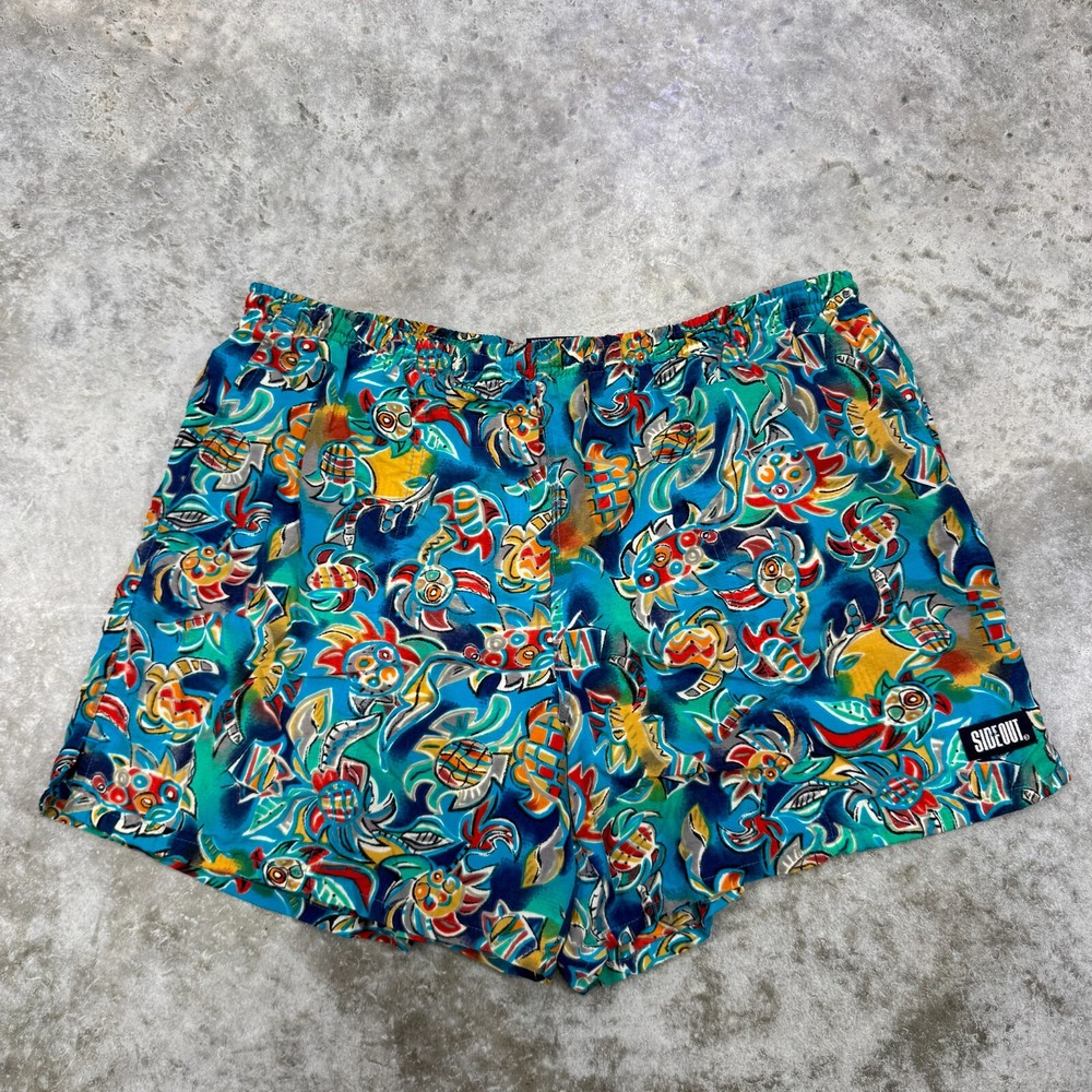 Vintage Sideout shorts mens medium 90s baggies swim trunks lined aop fish surf