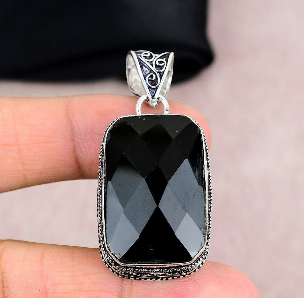 Black Onyx Gemstone Pendant in 925 Sterling Silver Handmade Jewelry Gift