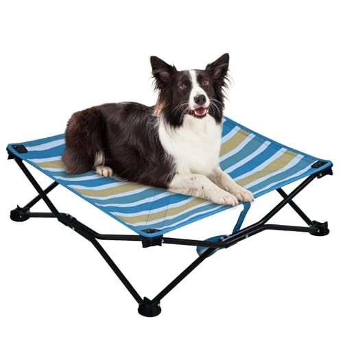 Elevated Cooling Dog Bed Cot for Large Dogs in Blue Striped Design