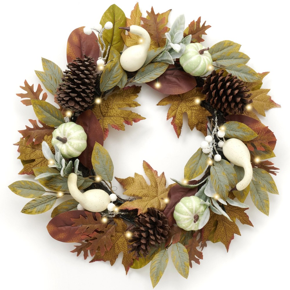 DecorbyHannah Collapsible Thanksgiving Wreaths for Front Door, 22 inch Pre-Li...