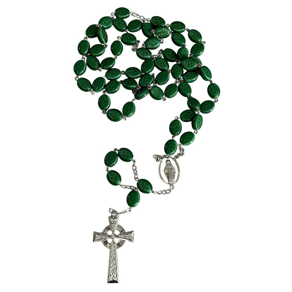 Vintage Chapel Sterling Green Shamrock Glass Bead Celtic Cross Rosary Beads