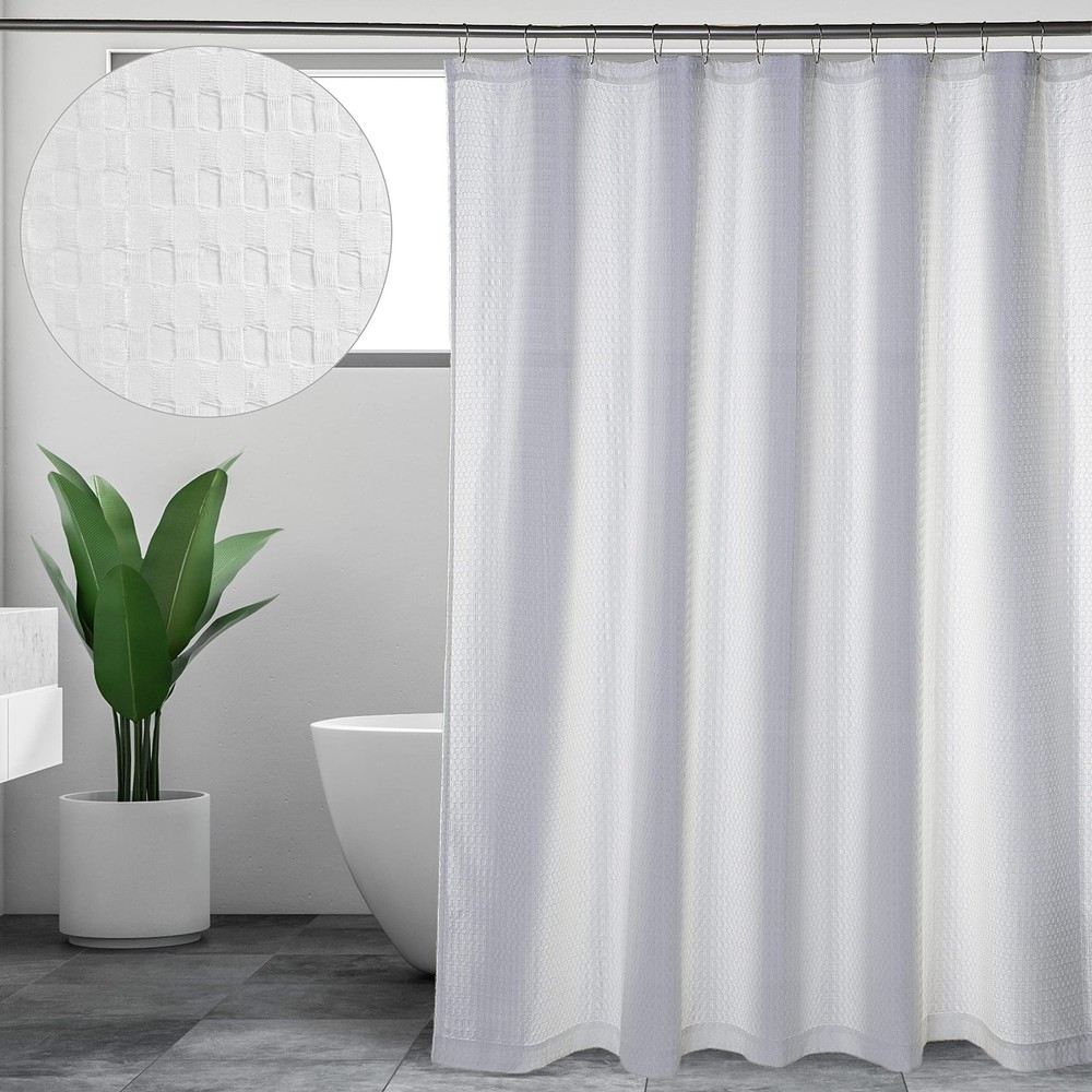 White Waffle Weave Fabric Shower Curtain 72x72 Inches – Farmhouse Bathroom Decor