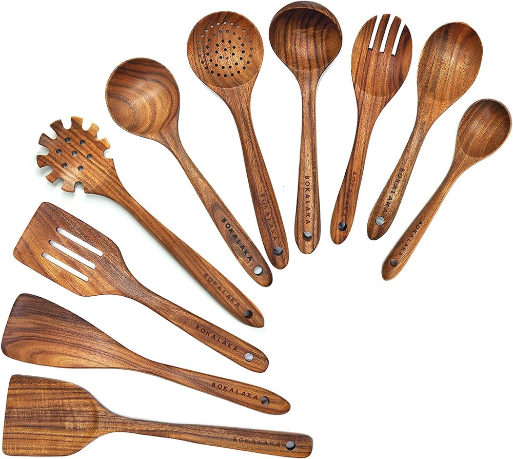 Wooden Spoons for Cooking,10 Pcs Natural Teak Wooden Kitchen Utensils Set Woo...