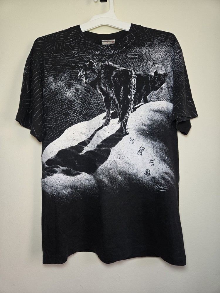 Vintage shirt black wolf pattern sizeL Front and back printing 90s