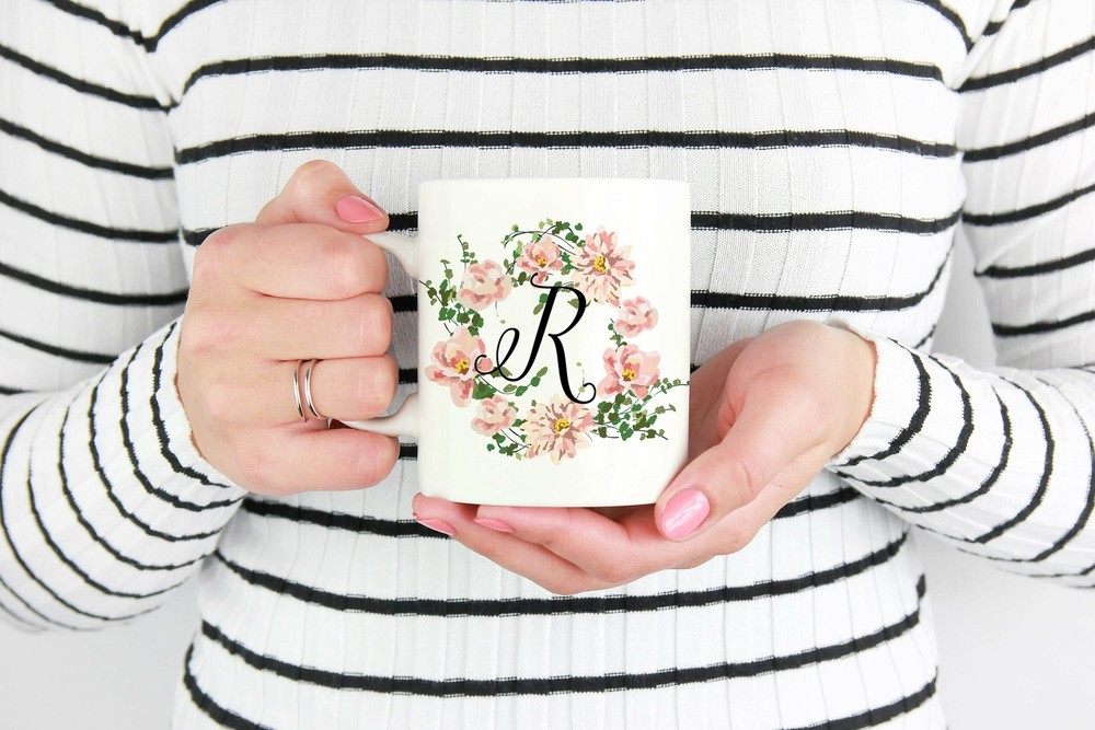Floral Monogram Custom Monogram Mug Floral Mug Monogram Mug Floral Wreath