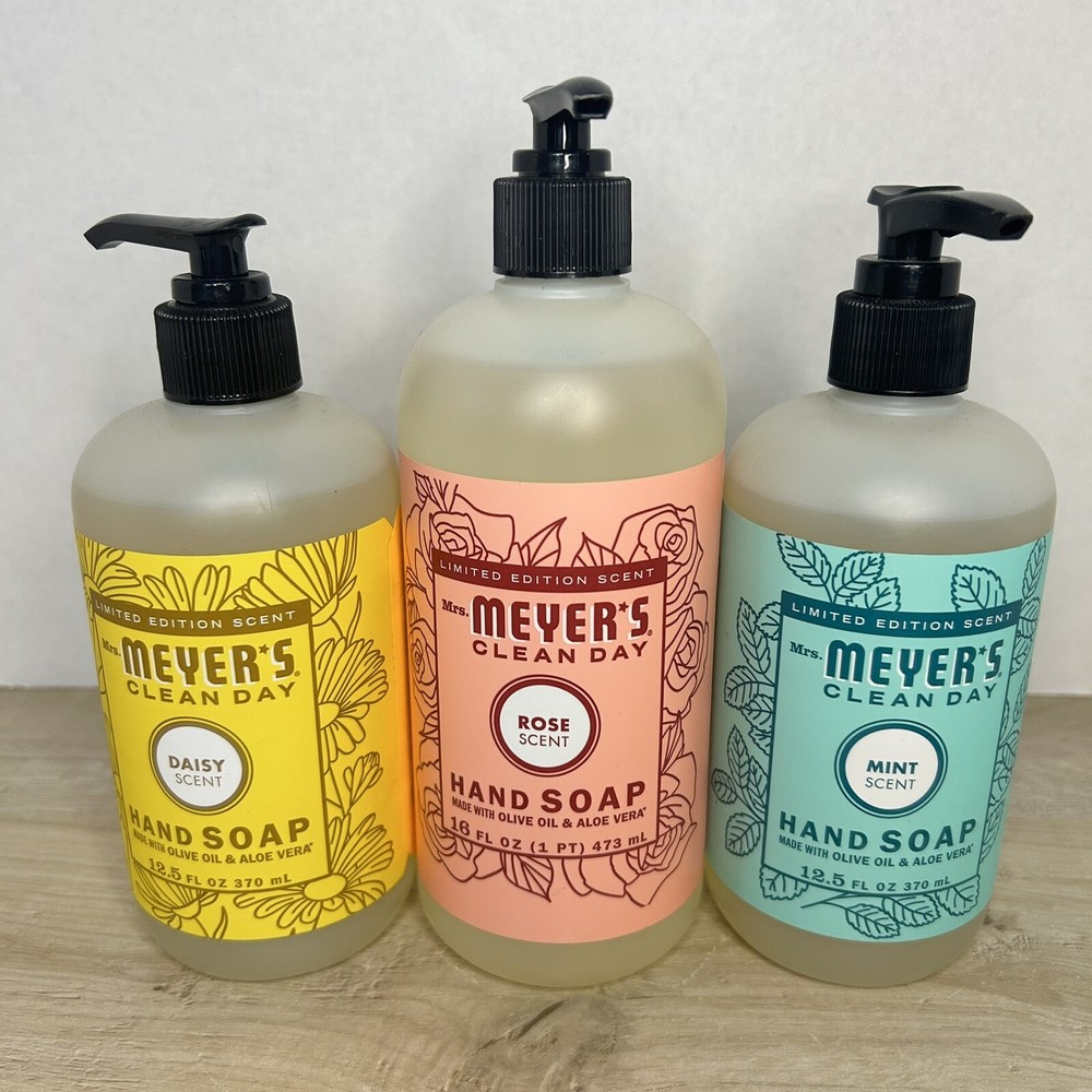Mrs Meyer’s Clean Day Hand Soap Set Of 3 Daisy Mint 12.5 fl oz Rose 16 fl oz