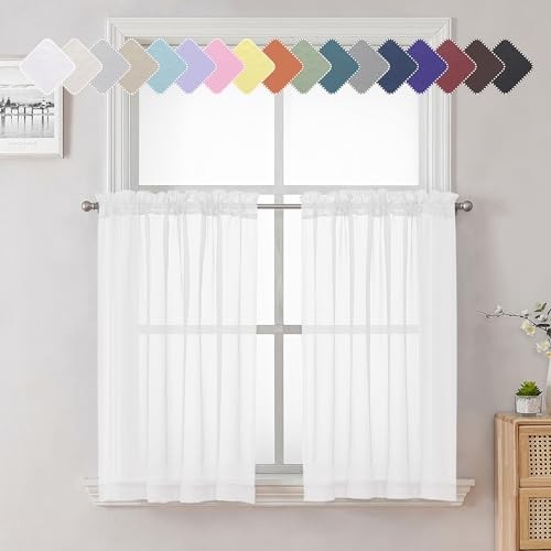 36 Inch White Sheer Tier Curtains 2-Pack with Dual Rod Pockets Lightweight Airy Window Treatment