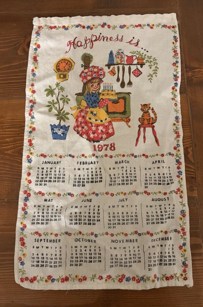 Vintage 1978 Calendar Linen “Happiness Is…” Tea Towel Kitchen Cat & Girl Design