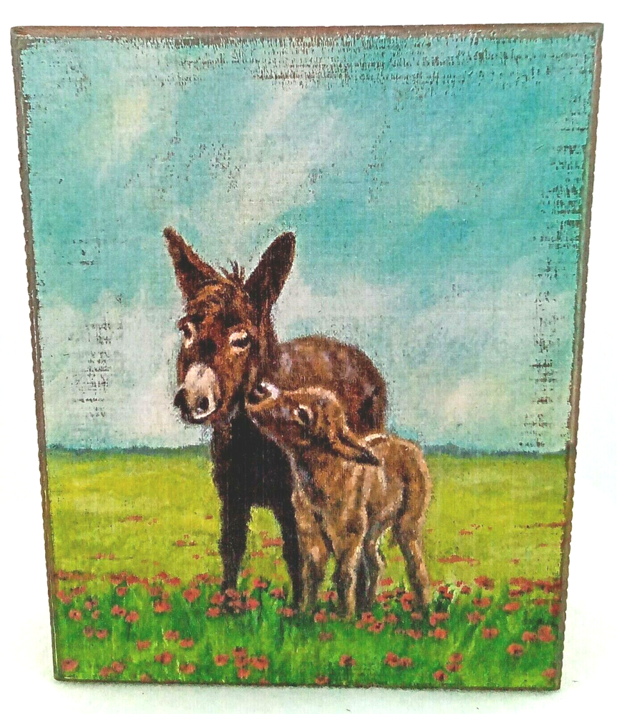 Mules Mom Baby in Field Wood Box Sign Red Poppies Blue Sky Prims by Kathy 7.5