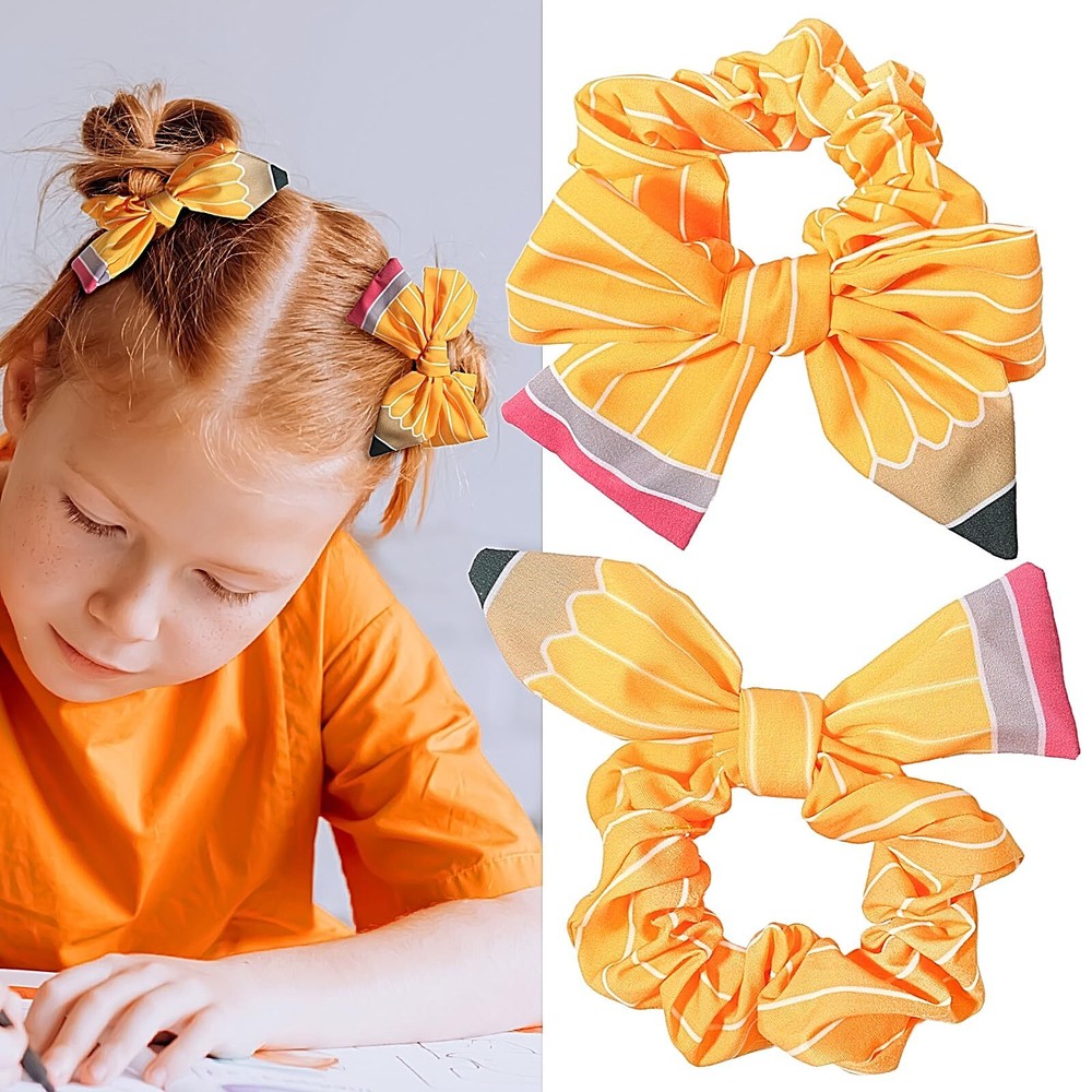 2PCS Yellow Pencil Hair Bows for Women and Girls Back to School Scrunchies-image