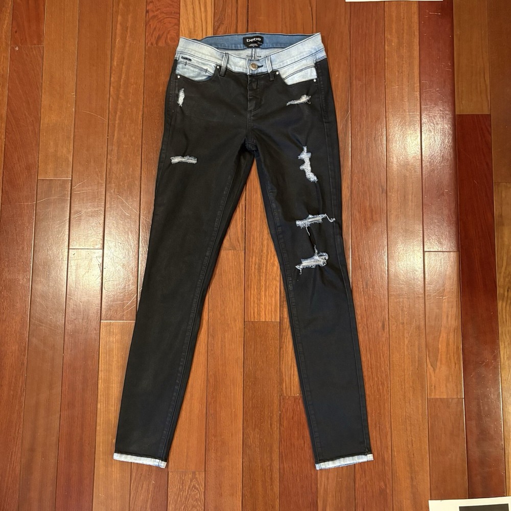 Bebe Jeans 2 Toned Denim Ripped Sz 26 EUC Cotton, Poly, Spandex Dark & Lite Blue