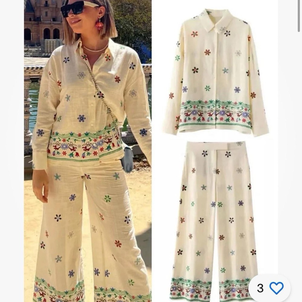 BNWT Zara Ecru Floral Embroidered Shirt & Culotte Trousers Co Ord Set size M