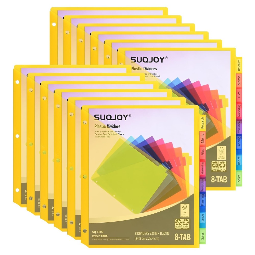 8-Tab Binder Dividers with Pockets, 96 Count, 3-Hole Plastic Sheets, US Letter S