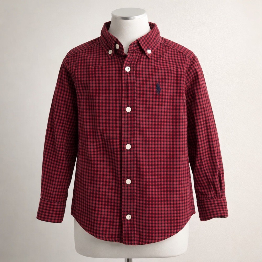 Polo Ralph Lauren Button Down Shirt Kids 4T Red Black Gingham Check Long Sleeve