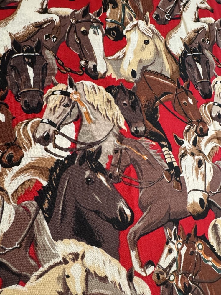 Vintage Robert Kaufman Horses on Red Cotton Fabric Quilt Craft NEW 2/3 YD 44