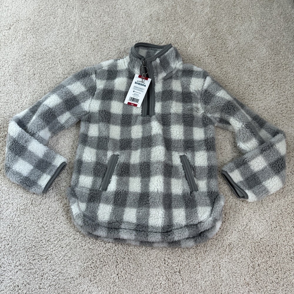 Members Mark Kids Sherpa Pullover 7/8 Zip Plaid Gray White Soft Cozy NWT-image