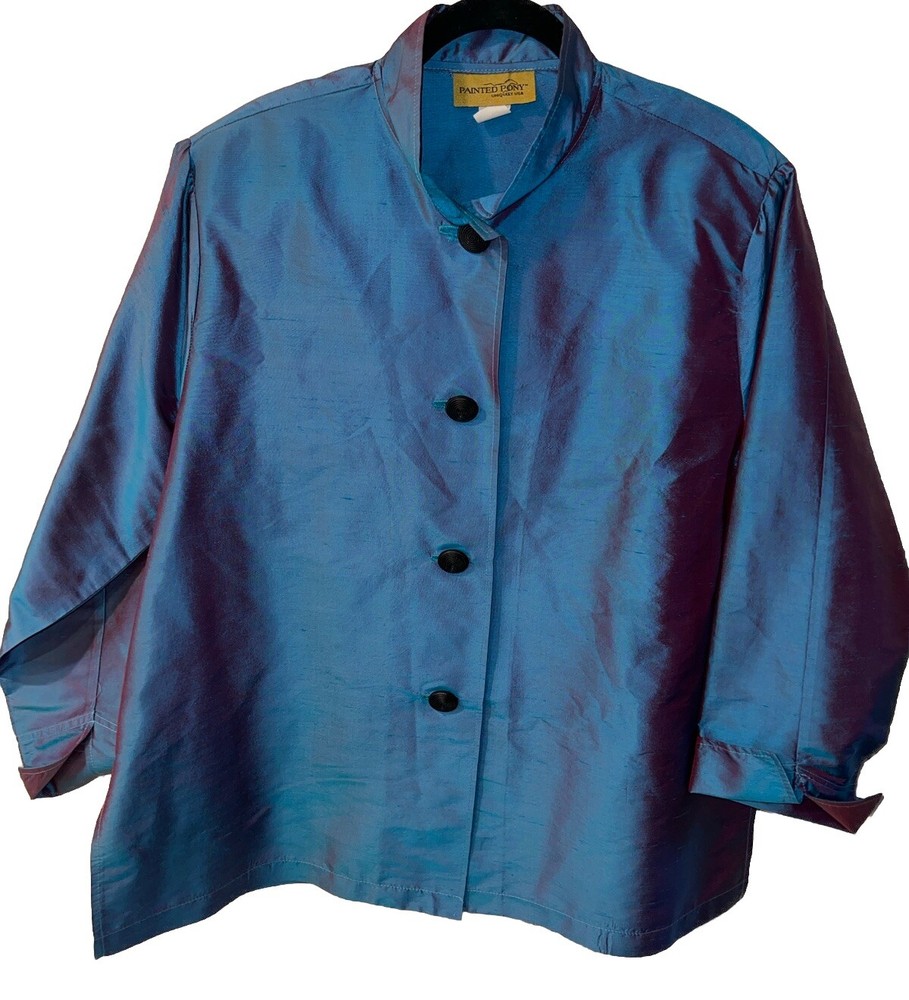 Painted Pony Womens Plus Size 1X Iridescent Blue Silk Button Front Jacket Made in USA