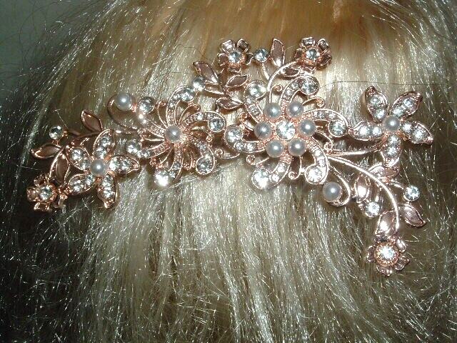 Copper White Pearl Rhinestone Floral 4-Inch Slide Hair Comb with Tag
