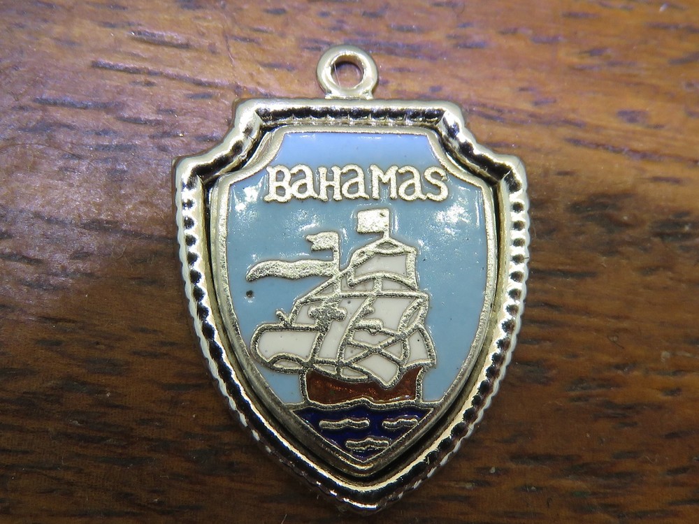 Vintage silver BAHAMAS COUNTRY CARIBBEAN SHIP ENAMEL TRAVEL SHIELD charm 3-41