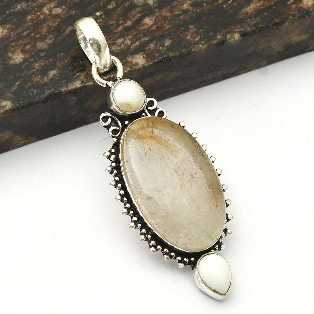 Golden Rutile white Opal Gemstone Ethnic Handmade Pendant Jewelry 2.8