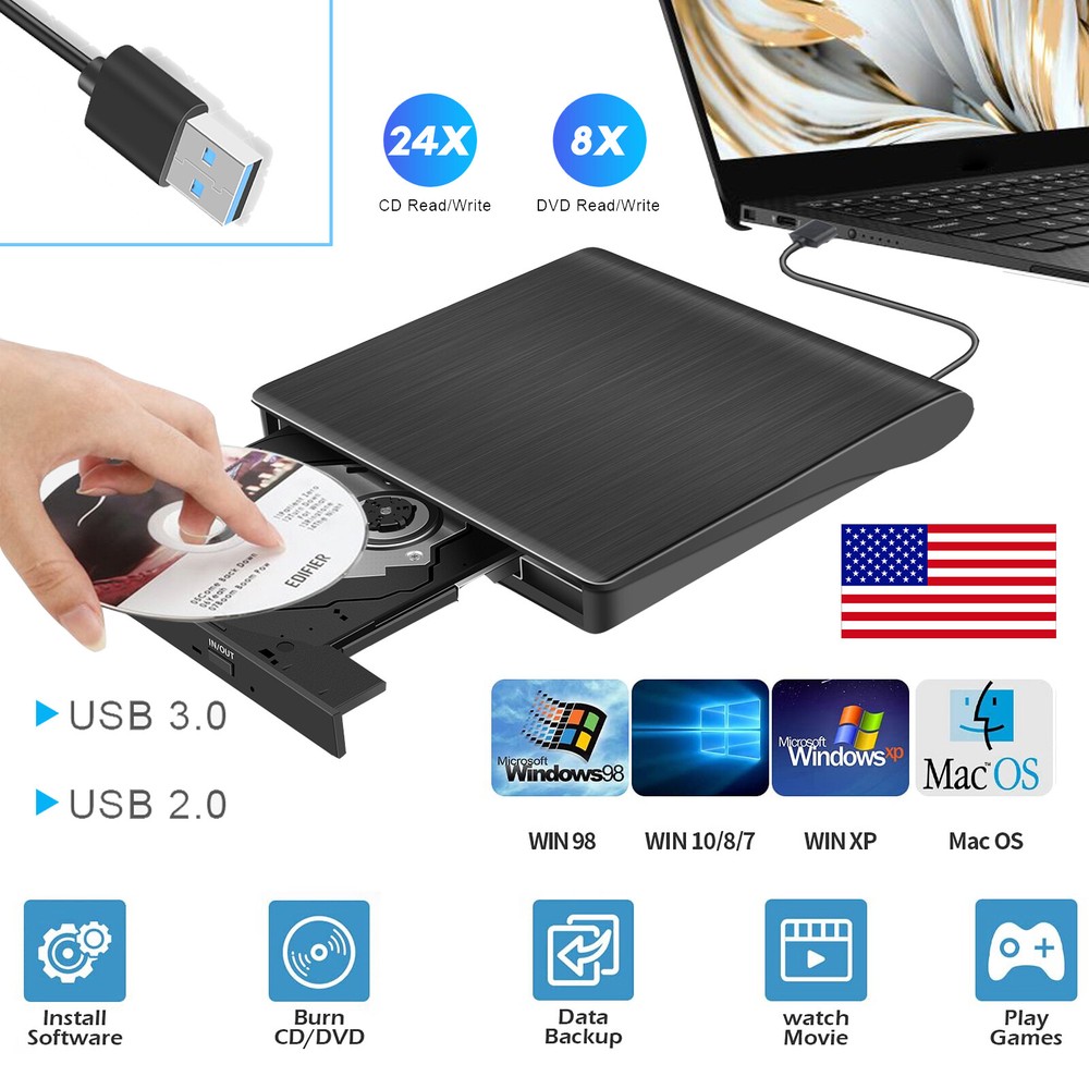 USB 3.0 External CD/DVD Drive Burner Reader Writer Player for Laptop,PC Desktops