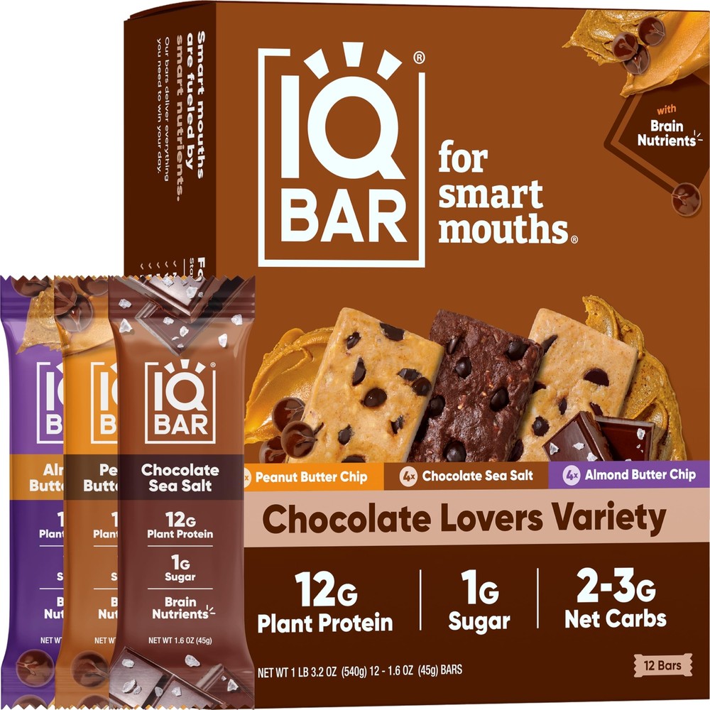 Brain and Body Plant Protein Bars - Chocolate Lovers Variety - 12 Count Low C...