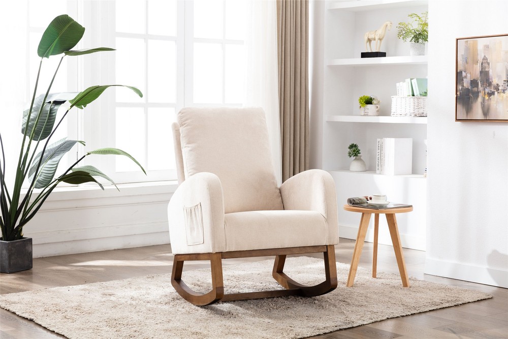 Modern Rocking Chair, Beige Linen