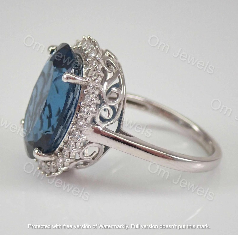 4Ct Oval Cut London Blue Topaz Diamond Halo Engagement Ring 14K White Gold Over