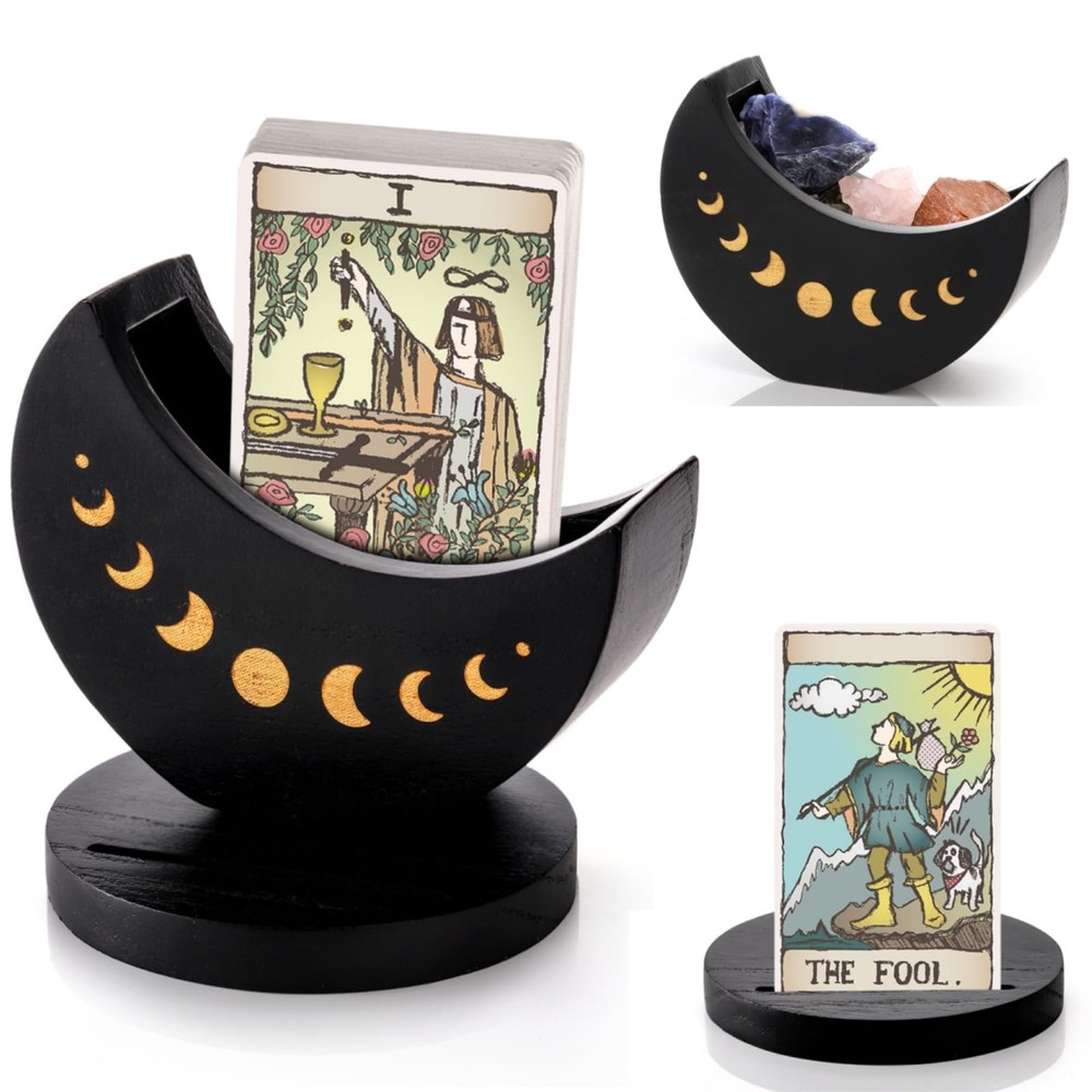 Eorbow Moon-Shaped Wooden Tarot Deck Holder with Display Case