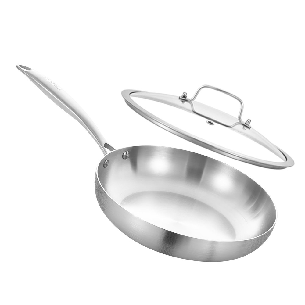 8 Inch Tri-Ply Stainless Steel Frying Pan with Lid for Omelets and Skillet Cooking