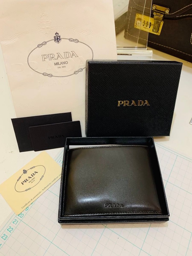 Prada Mini Two Fold Leather Wallet Black Boxed Black High Quality Rare