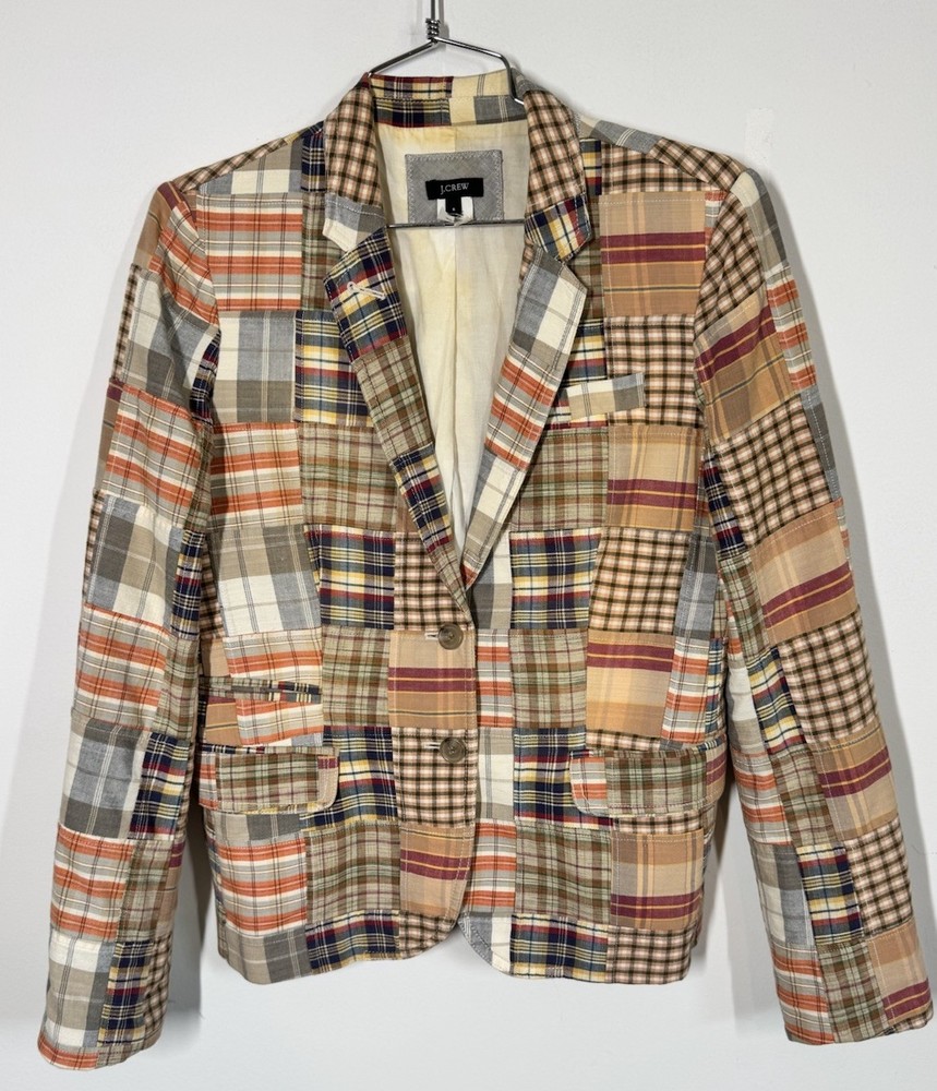Vintage J.Crew Madras Plaid Patchwork Blazer Preppy Academia Size 6