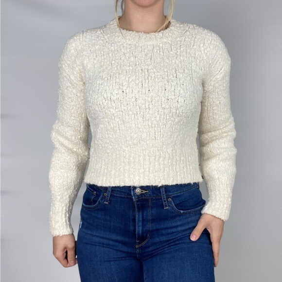 BANANA REPUBLIC Alpaca Wool Boucle Sweater Cream White Crewneck Crop