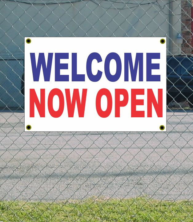 2x3 Red White & Blue Welcome Now Open Banner Sign - New Discount Size and Price - Perfect for Grand Openings, Sales & Events